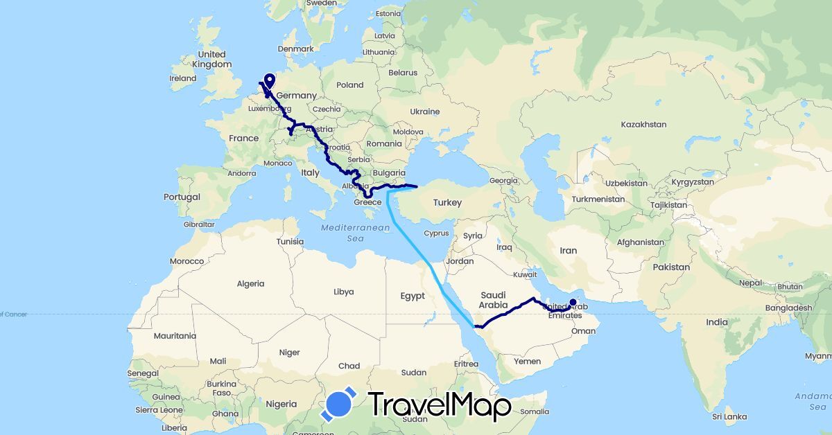 TravelMap itinerary: driving, boat in United Arab Emirates, Albania, Austria, Belgium, Switzerland, Germany, Greece, Croatia, Liechtenstein, Netherlands, Saudi Arabia, Slovenia, Turkey, Kosovo (Asia, Europe)
