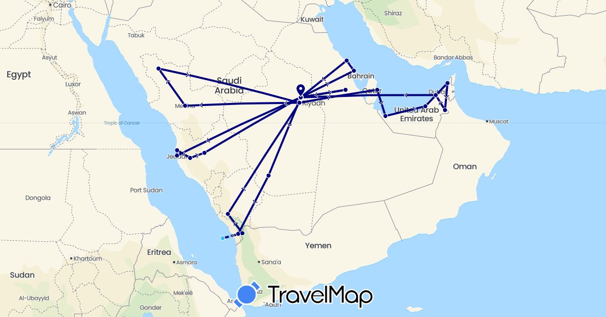 TravelMap itinerary: driving, boat in United Arab Emirates, Qatar, Saudi Arabia (Asia)